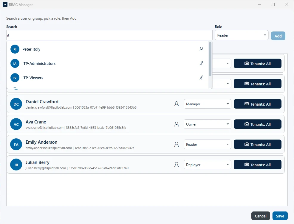 Search in the RBAC Manager