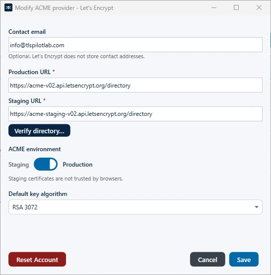 Dialog Modify ACME provider for Let’s Encrypt