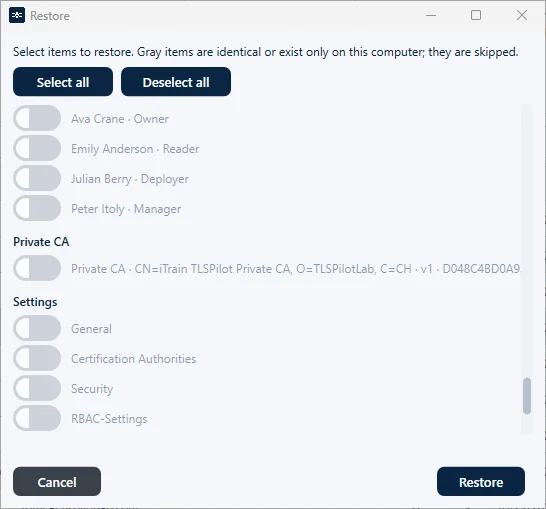 Areas of a backup during restore, with the area Private CA