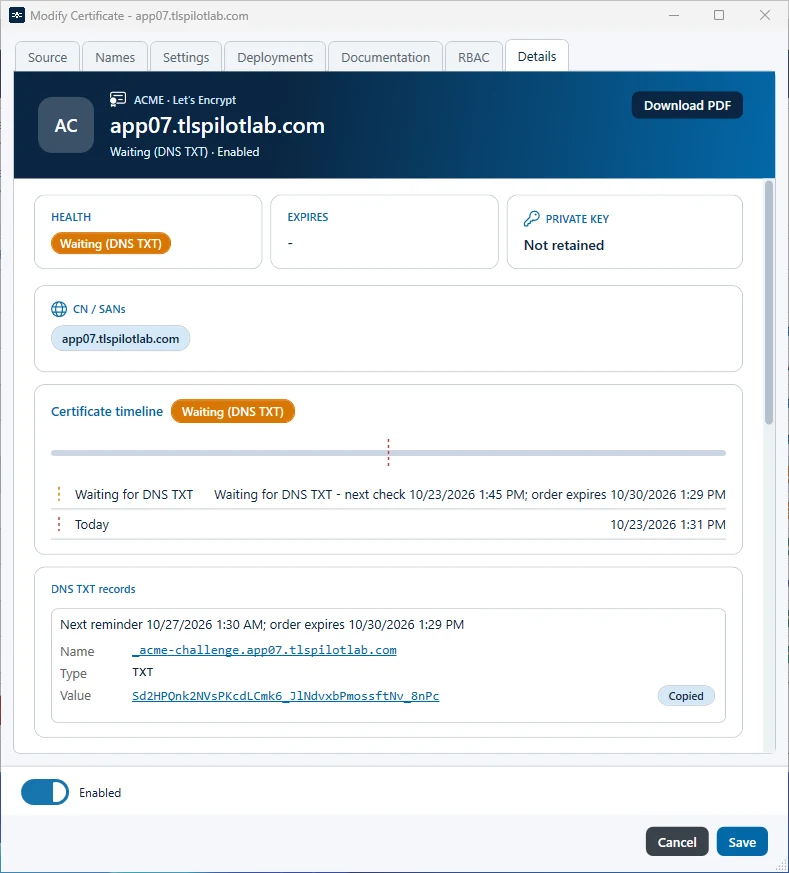 Card DNS TXT records in the details of a waiting certificate, value copied