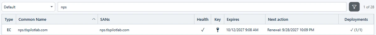 Certificate list filtered by name