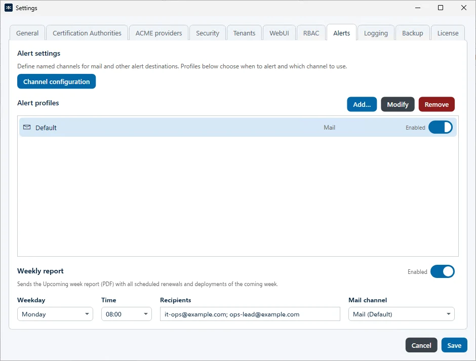 Weekly report on the tab Alerts in the settings