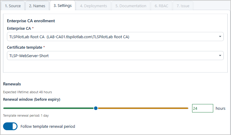 Step Settings with issuing CA, template and template renewal period
